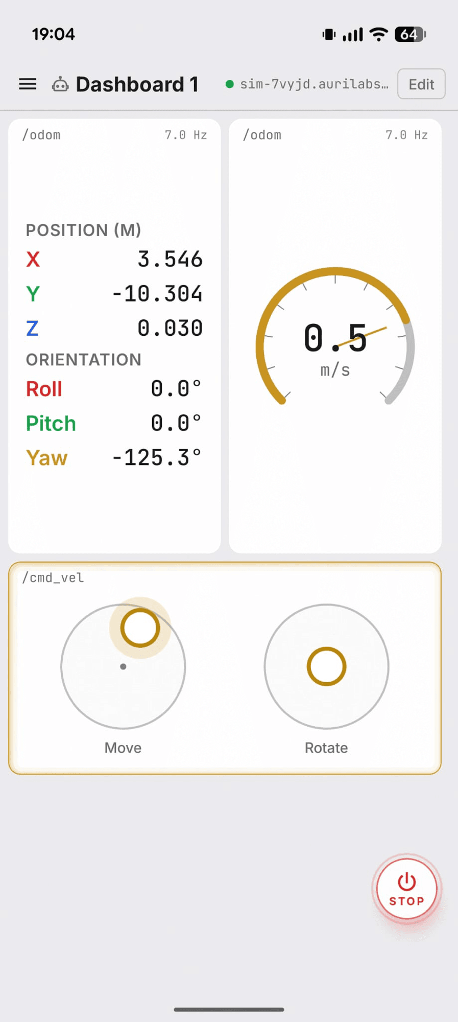 Tinca app driving the simulated robot